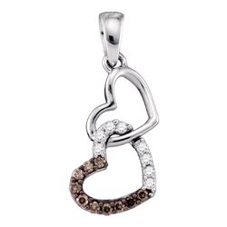 10kt White Gold Round Brown Diamond Dangling Double Heart Pendant 1/6 Cttw