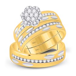 14kt Yellow Gold His & Hers Round Diamond Cluster Matching Bridal Wedding Ring Band Set 3/4 Cttw