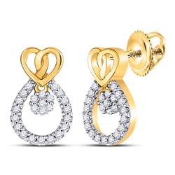 10kt Yellow Gold Round Diamond Heart Teardrop Dangle Stud Earrings 1/6 Cttw