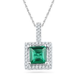 10kt White Gold Cushion Lab-Created Emerald Solitaire & Diamond Pendant 1-3/8 Cttw
