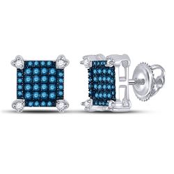 10kt White Gold Round Blue Color Enhanced Diamond Square Cluster Earrings 1/4 Cttw