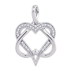 10k White Gold Round Diamond Double Heart Locked Pendant 1/10 Cttw