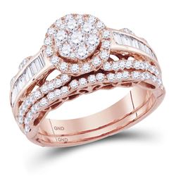 14kt Rose Gold Round Diamond Cluster Bridal Wedding Engagement Ring Band Set 1-1/3 Cttw
