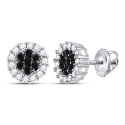14kt White Gold Round Black Color Enhanced Diamond Flower Cluster Earrings 1.00 Cttw