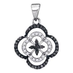 10kt White Gold Round Black Color Enhanced Diamond Quatrefoil Cluster Pendant 1/4 Cttw
