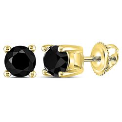 14kt Yellow Gold Unisex Round Black Color Enhanced Diamond Solitaire Stud Earrings 1.00 Cttw