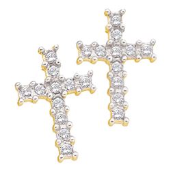 14kt Yellow Gold Round Diamond Roman Cross Religious Stud Earrings 1/10 Cttw