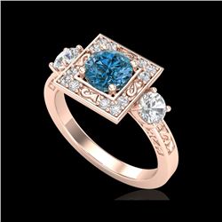 1.55 ctw Intense Blue Diamond Art Deco 3 Stone Ring 18K Rose Gold