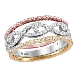 10kt Tri-Tone Gold Round Diamond Stackable Rope Band Ring 3-Piece Set 1/3 Cttw