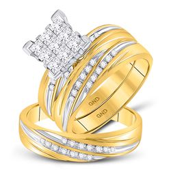 10kt Yellow Gold His & Hers Princess Diamond Cluster Matching Bridal Wedding Ring Band Set 3/4 Cttw