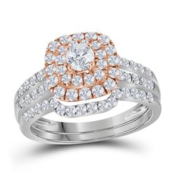 14kt White Gold Round Diamond Double Halo Rose-tone Bridal Wedding Engagement Ring Band Set 1-1/5 Ct