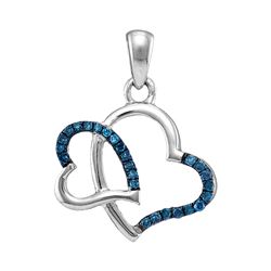10kt White Gold Round Blue Color Enhanced Diamond Double Linked Heart Pendant 1/10 Cttw