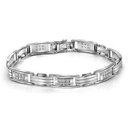 10kt White Gold Mens Round Diamond Rectangle Link Fashion Bracelet 1.00 Cttw