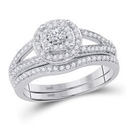 10k White Gold Round Diamond Halo Bridal Wedding Engagement Ring Band Set 1/2 Cttw