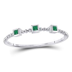 10kt White Gold Princess Emerald Beaded 3-stone Stackable Band Ring .03 Cttw