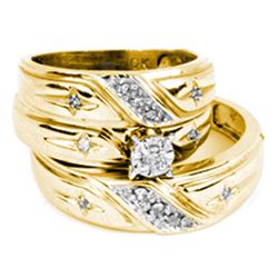 14kt Yellow Gold His & Hers Round Diamond Solitaire Cross Matching Bridal Wedding Ring Band Set 1/5 