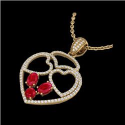 3 ctw Ruby & Micro Pave Designer Heart Necklace 14K Yellow Gold