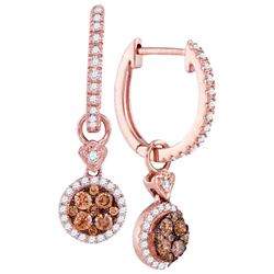 14kt Rose Gold Round Brown Diamond Circle Dangle Earrings 1/2 Cttw