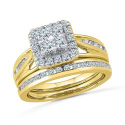 10kt Yellow Gold Round Diamond Cluster Bridal Wedding Engagement Ring Band Set 1.00 Cttw