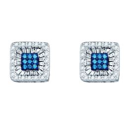 10kt White Gold Round Blue Color Enhanced Diamond Square Stud Earrings 1/2 Cttw
