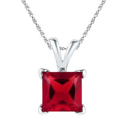 10kt White Gold Princess Lab-Created Ruby Solitaire Pendant 1-1/3 Cttw