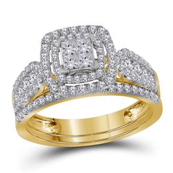 14kt Yellow Gold Princess Diamond Double Halo Bridal Wedding Engagement Ring Band Set 1.00 Cttw
