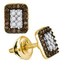 10kt Yellow Gold Round Brown Diamond Rectangle Cluster Earrings 1/3 Cttw