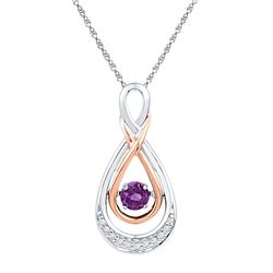 10kt Two-tone Gold Round Lab-Created Amethyst Diamond Moving Twinkle Teardrop Pendant 1/20 Cttw