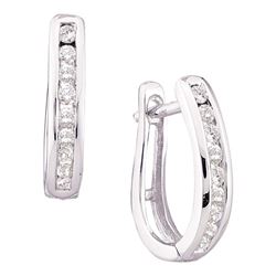 14kt White Gold Round Diamond Single Row Oblong Hoop Earrings 1/4 Cttw
