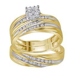 10kt Yellow Gold His & Hers Round Diamond Cluster Matching Bridal Wedding Ring Band Set 3/8 Cttw