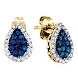 10kt Yellow Gold Round Blue Color Enhanced Diamond Teardrop Cluster Earrings 1/2 Cttw
