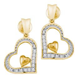 10k Yellow Gold Round Diamond Heart Dangle Screwback Stud Earrings 1/10 Cttw