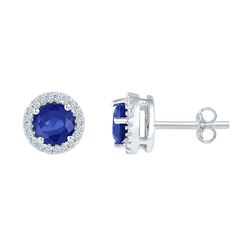 10kt White Gold Round Lab-Created Blue Sapphire Diamond Stud Earrings 1-1/2 Cttw