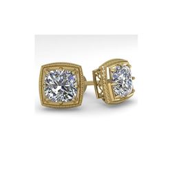 2 ctw VS/SI Cushion Diamond Stud Earrings Deco 18K Yellow Gold