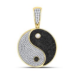 10kt Yellow Gold Mens Round Black Color Enhanced Diamond Yin Yang Charm Pendant 1-3/4 Cttw