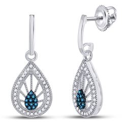 10kt White Gold Round Blue Color Enhanced Diamond Teardrop Screwback Earrings 1/4 Cttw