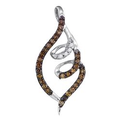 10kt White Gold Round Brown Diamond Curled Pigtail Pendant 1/3 Cttw
