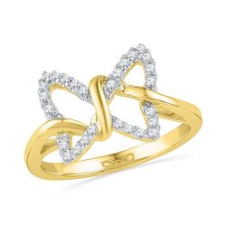 10k Yellow Gold Diamond Butterfly Bug Daily-wear Right-hand Ring 1/6 Cttw
