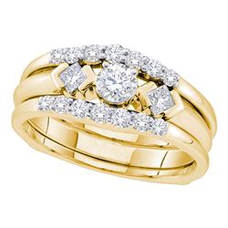 14kt Yellow Gold Round Diamond 3-Stone Bridal Wedding Engagement Ring Band Set 3/4 Cttw