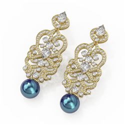11.2 ctw Pear Cut Diamond and Pearl Earrings 18K Yellow Gold
