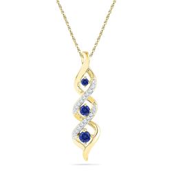 10kt Yellow Gold Round Lab-Created Blue Sapphire Cascading 3-stone Pendant 1/3 Cttw