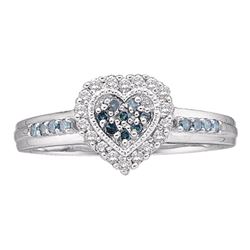 10kt White Gold Round Blue Color Enhanced Diamond Heart Cluster Ring 1/4 Cttw