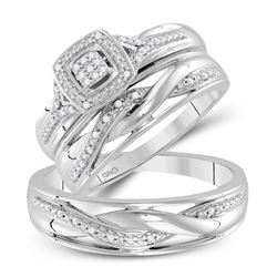 10kt White Gold His & Hers Round Diamond Cluster Matching Bridal Wedding Ring Band Set 1/10 Cttw