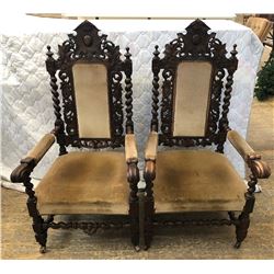 Oak Carved Upholstered Arm Chairs