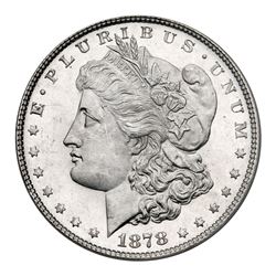 1878 Morgan Dollar. 7 tail feathers, reverse of 1878. Vam-196. SEGS MS63