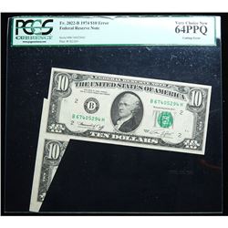 $10.00 1974 Federal Reserve ERROR NOTE. PCGS graded Very Choice New 64 PPQ Cutting Error