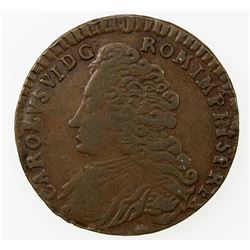 AUSTRIAN NETHERLANDS: Karl VI, 1711-1740, AE liard (4.05g), Anvers, 1712. F-VF