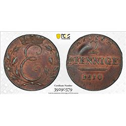SAXE-COBURG-SAALFELD: Ernst III, 1806-1826, AE 2 pfennig, 1810. PCGS AU58