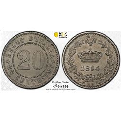 ITALY: Umberto I, 1878-1900, 20 centesimi, 1894-KB. PCGS MS64