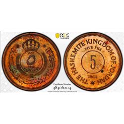 JORDAN: Hussein Ibn Talal, 1952-1999, AE 5 fils, 1965/AH1385. PCGS PF64